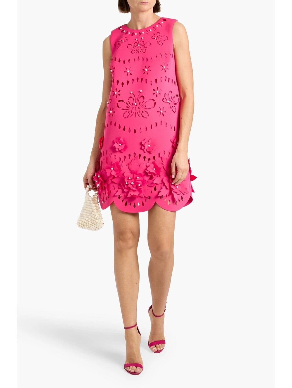 Badgley Mischka Embellished Laser-Cut Scuba Mini Dress Hot Pink Pearls Fuchsia
